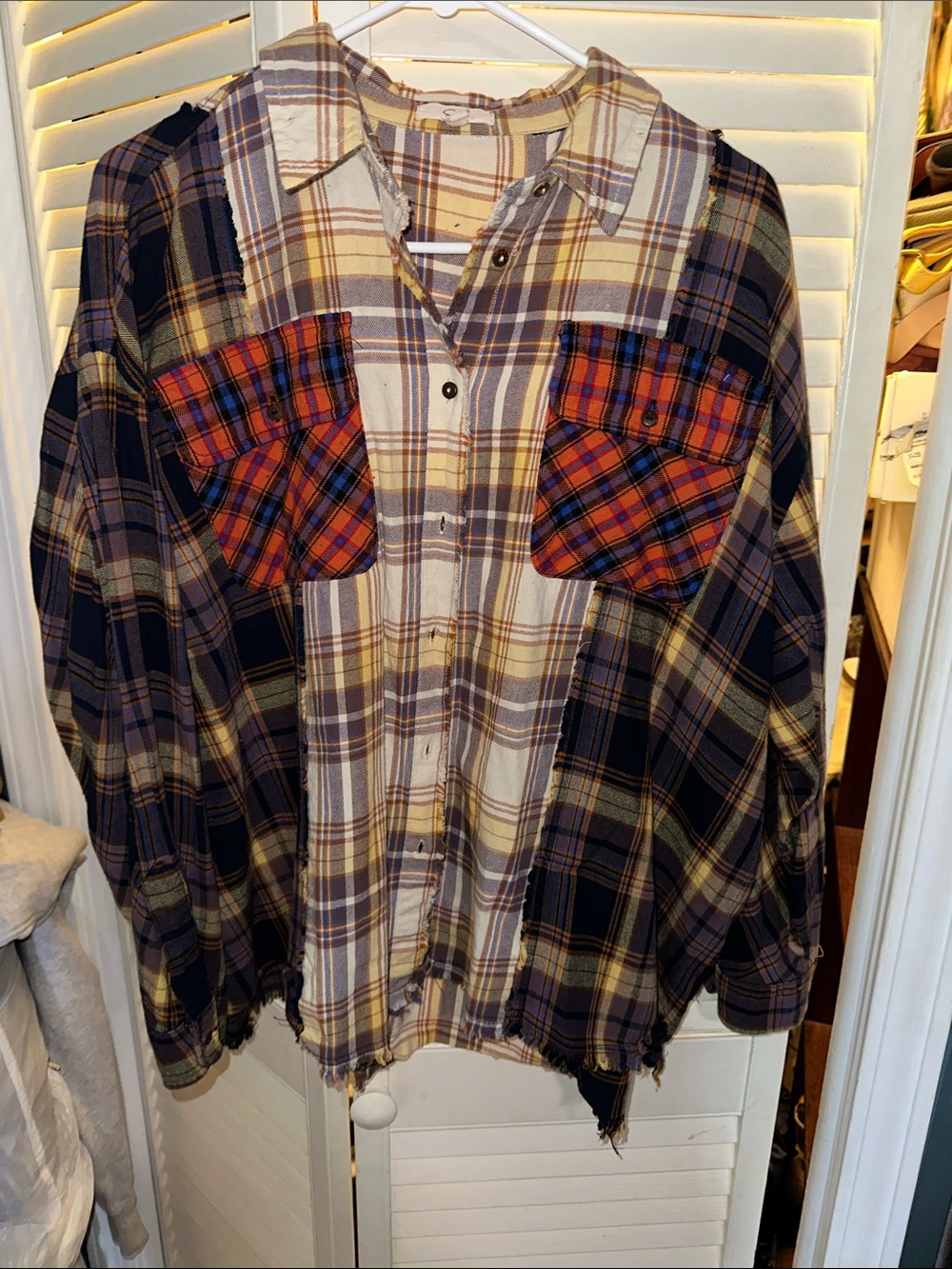 easel Mixed Plaid Button-Down Shirt in Navy, Cream & Orange Accents